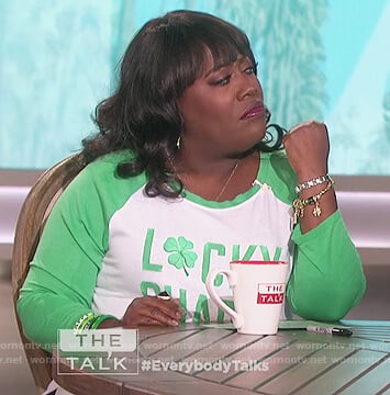 Sheryl’s green lucky charm raglan t-shirt on The Talk