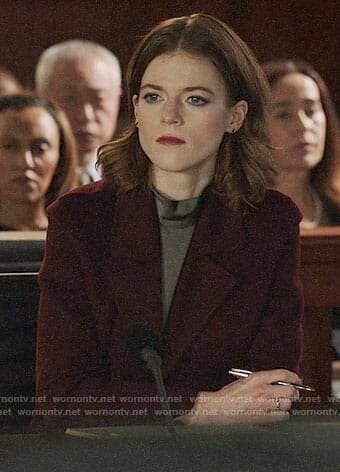 Maia’s taupe mock neck blouse and burgundy coat on The Good Fight