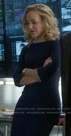 Marissa’s blue three-quarter sleeve sheath dress on Bull