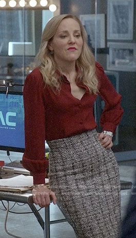 Marissa’s red shirt and tweed pencil skirt on Bull