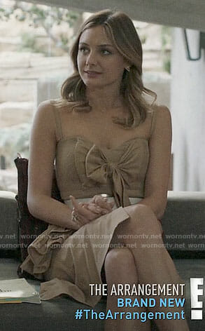 Megan's beige bow front dress on The Arrangement