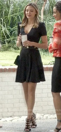 Meghan's black v-neck dress with short sleeves on The Arrangement