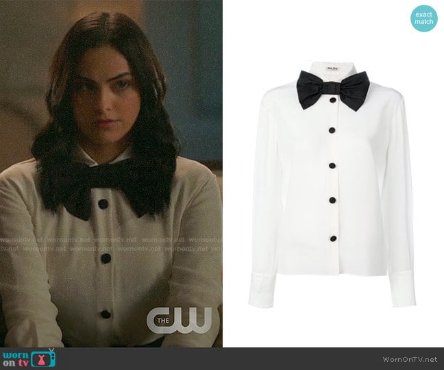 Miu Miu Oversized Bow Tie Shirt worn by Veronica Lodge (Camila Mendes) on Riverdale