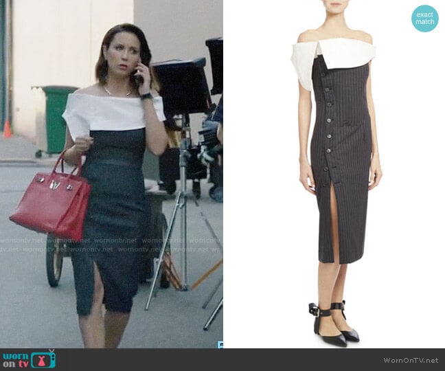 Monse Off-Shoulder Pinstriped Cocktail Dress worn by Deann Anderson (Lexa Doig) on The Arrangement