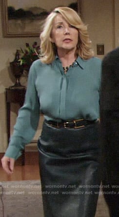 Nikki's teal green button down blouse and leather pencil skirt on The Young and the Restless