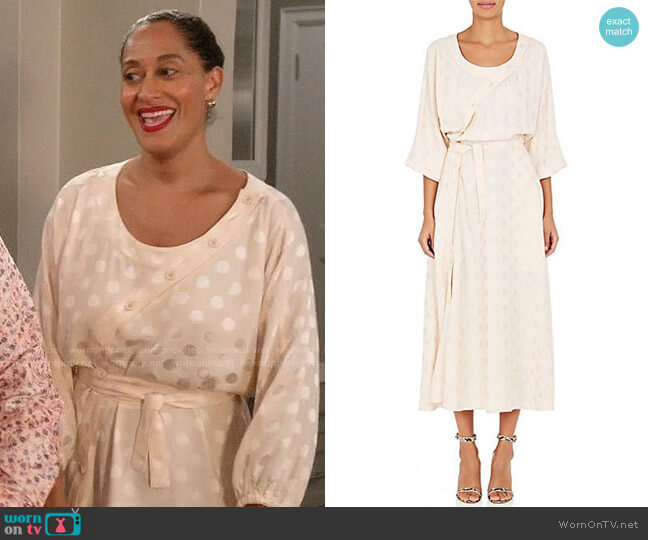 Nina Ricci Silk Polka Dot Asymmetric Button Dress worn by Rainbow Johnson (Tracee Ellis Ross) on Black-ish