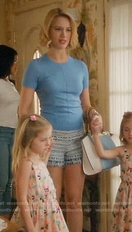 Petra's blue short sleeved sweater and tweed shorts on Jane the Virgin
