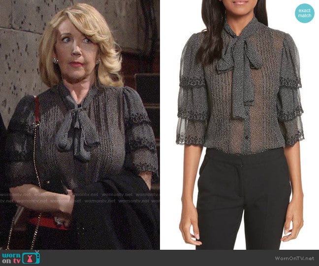 Rebecca Taylor Tie Neck Tiered Sleeve Silk Blouse worn by Nikki Reed Newman (Melody Thomas-Scott) on The Young and the Restless