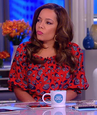 Sunny’s red off shoulder print dress on The View