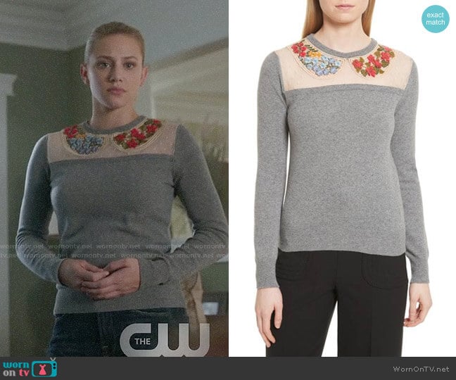 RED Valentino Macramé & Floral Embellished Wool Sweater worn by Betty Cooper (Lili Reinhart) on Riverdale