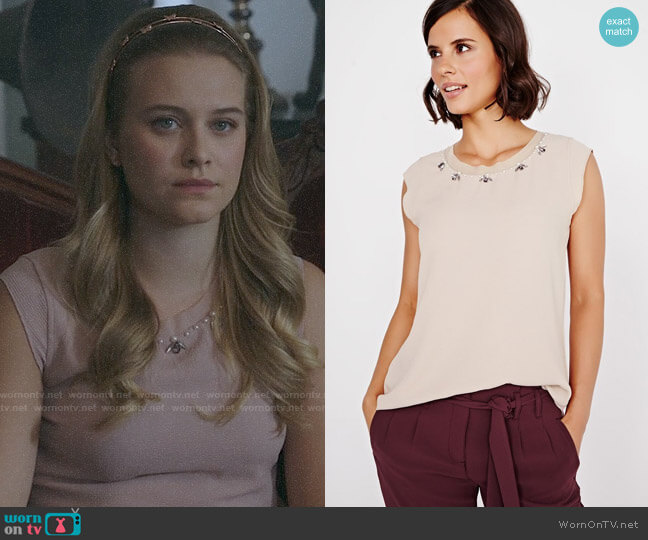 RW&Co Crepe Blouse with Jeweled Neck Detail worn by Polly Cooper (Tiera Skovbye) on Riverdale