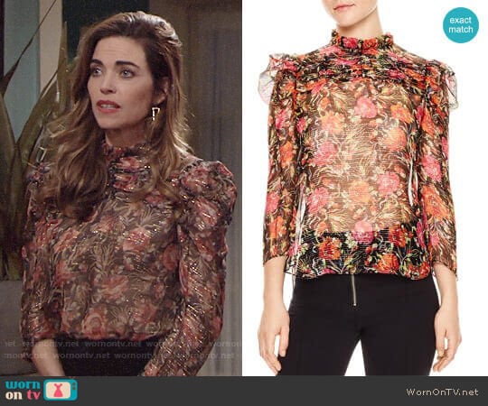 Sandro Amina Floral-Print Metallic-Stripe Top worn by Victoria Newman (Amelia Heinle) on The Young and the Restless