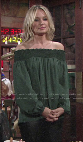 Sharon’s green off-shoulder top on The Young and the Restless