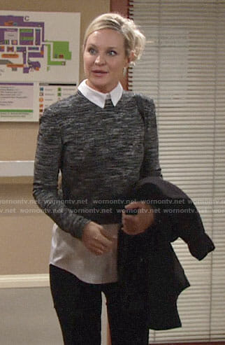 Sharon’s grey layered sweater on The Young and the Restless