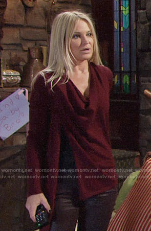 Sharon’s red draped sweater with zip shoulder on The Young and the Restless