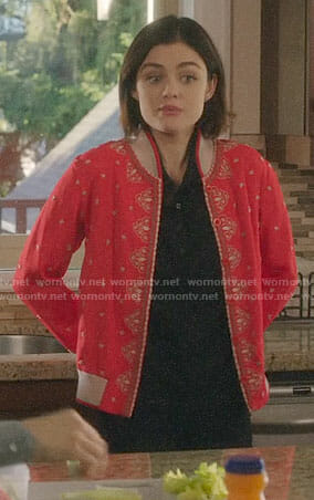 Stella's red embroidered bomber jacket on Life Sentence
