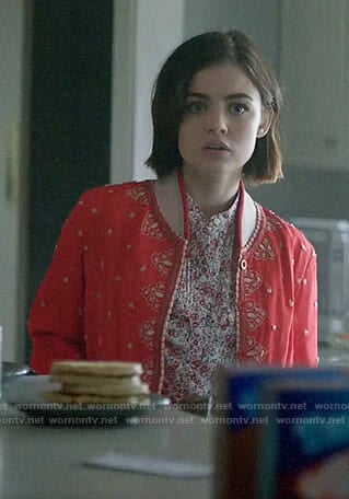 Stella’s red embroidered bomber jacket on Life Sentence