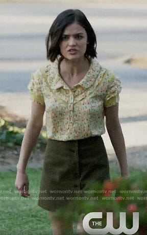 Stella's yellow printed top with ruffled sleeves on Life Sentence
