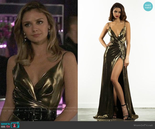 Stello Hermione Dress in Gold worn by Megan Morrison (Christine Evangelista) on The Arrangement