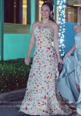 Ana’s white strapless floral print gown on Grown-ish