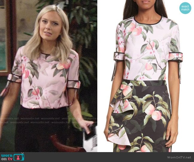 Ted Baker Peach Blossom Bow Sleeve Top worn by Abby Newman (Melissa Ordway) on The Young and the Restless