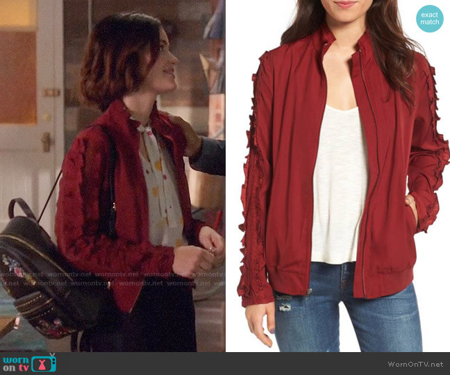 Treasure &Bond Ruffle Sleeve Bomber Jacket worn by Stella Abbott (Lucy Hale) on Life Sentence