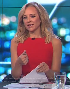 Carrie’s red and pink sleeveless dress on The Project