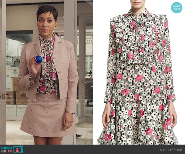 Valentino Floral Waves Tie-Neck Ruffle Blouse worn by Lucca Quinn (Cush Jumbo) on The Good Fight