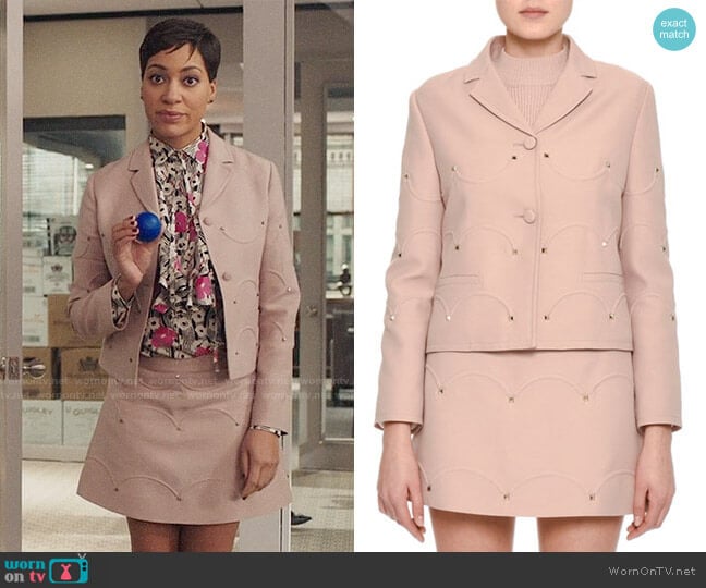 Valentino Rockstud Jacket and Skirt worn by Lucca Quinn (Cush Jumbo) on The Good Fight