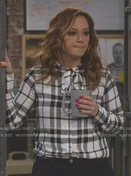 Vanessa's white plaid tie-neck blouse on Kevin Can Wait