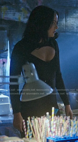 Veronica’s black jumpsuit with cutout bust on Riverdale