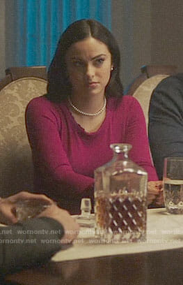 Veronica's magenta scalloped trim sweater and bee skirt on Riverdale
