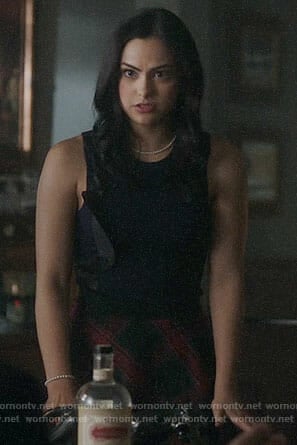 Veronica’s side ruffle top and plaid skirt on Riverdale