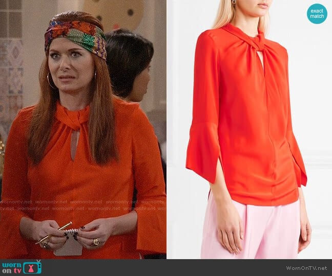 Twist-front silk crepe de chine blouse by Victoria Beckham worn by Grace Adler (Debra Messing) on Will and Grace