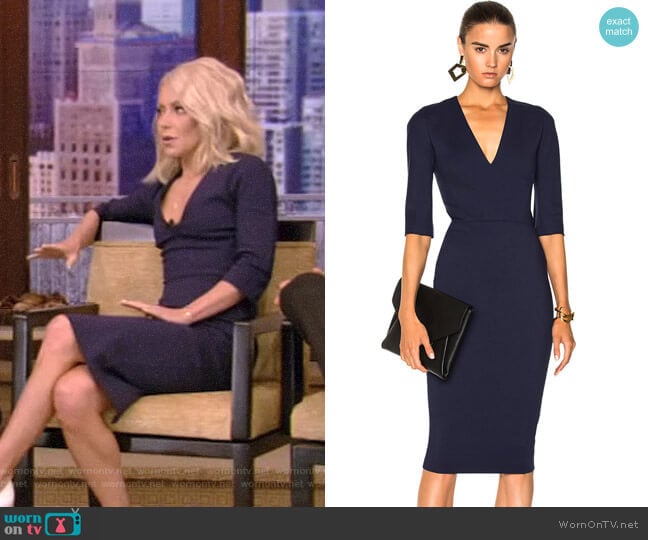 Microbrush Mid Sleeve V-Neck Fitted Dress by Victoria Beckham worn by Kelly Ripa on Live with Kelly and Mark