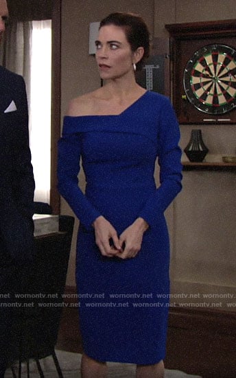 Victoria's blue long sleeved off-shoulder dress on The Young and the Restless