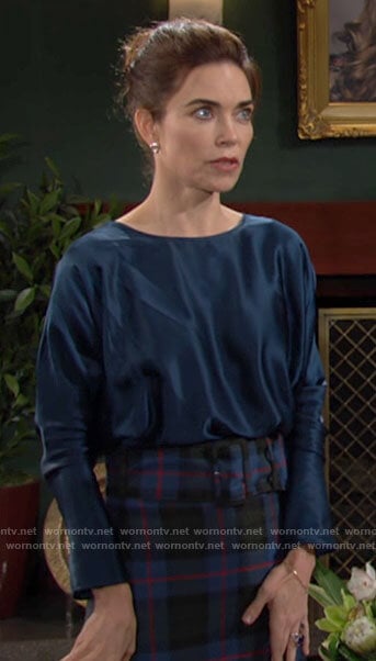 Victoria’s blue plaid pencil skirt on The Young and the Restless