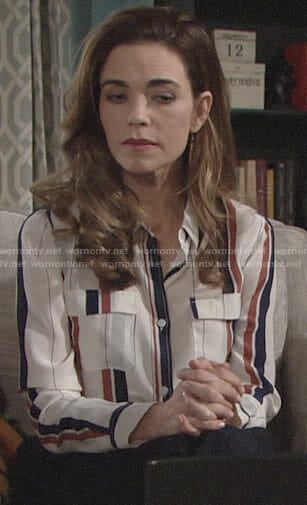 Victoria’s vertical striped silk shirt on The Young and the Restless