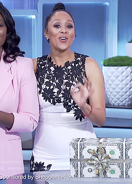 Tamera's two tone floral lace sheath dress on The Real