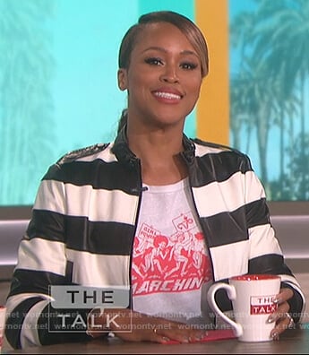 Eve’s white marchin t-shirt and striped leather jacket on The Talk
