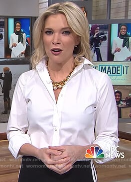 Megyn’s black striped pants and pearl embellished necklace on Megyn Kelly Today