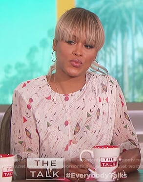 Eve’s white print gathered dress on The Talk