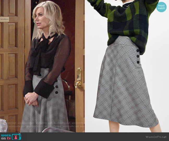 Zara Checked Midi Skirt with Buttons  worn by Ashley Abbott (Eileen Davidson) on The Young and the Restless