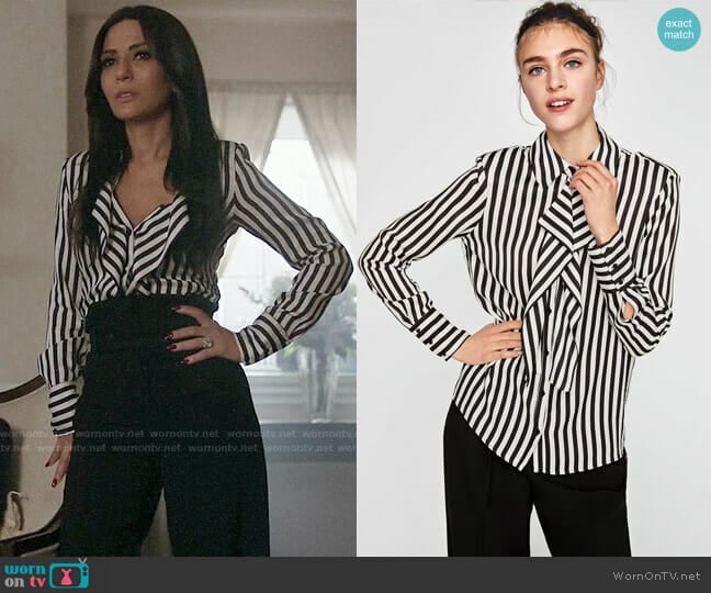 Zara Striped Blouse with Shoulder Pads worn by Hermione Lodge (Marisol Nichols) on Riverdale