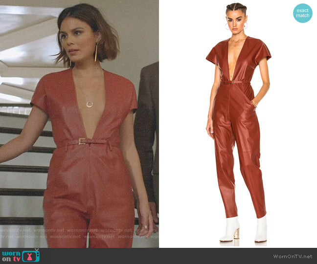 V-Neck Leather Jumpsuit by Zeynep Arcay worn by Cristal Flores (Nathalie Kelley) on Dynasty