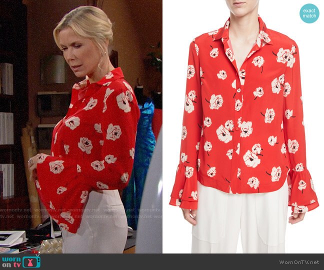 Derek Lam 10 Crosby Floral-Print Silk Shirt w/ Ruffle Cuff worn by Brooke Logan (Katherine Kelly Lang) on The Bold and the Beautiful