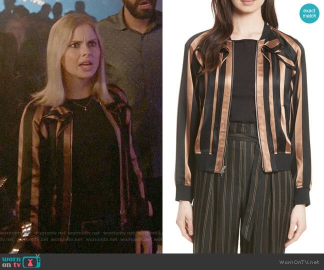 3.1 Phillip Lim Ruffle Stripe Satin Bomber worn by Liv Moore (Rose McIver) on iZombie