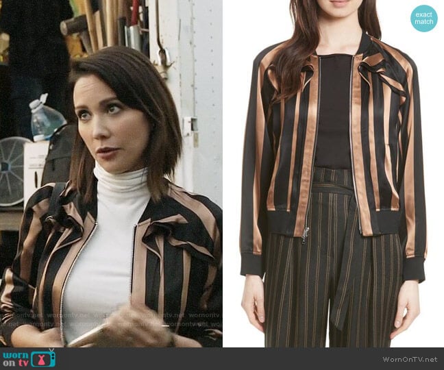 3.1 Phillip Lim Ruffle Stripe Satin Bomber worn by Deann Anderson (Lexa Doig) on The Arrangement