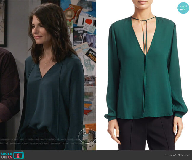 WornOnTV: Leslie’s green tie neck blouse on Living Biblically | Lindsey ...