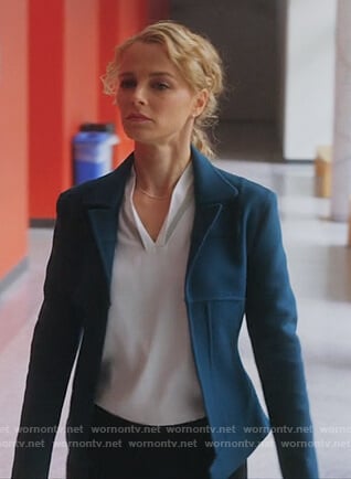 Lizzie’s blue seamed cashmere jacket on Instinct